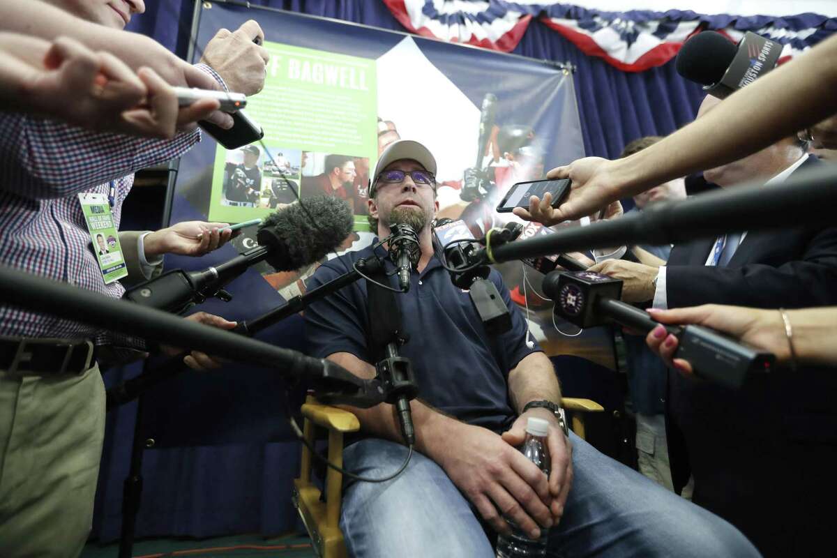 Jeff Bagwell talks to the media during his press conference in the Clark Sports Center, on Saturday in Cooperstown, N.Y. ahead of his induction into the National Baseball Hall of Fame, Sunday.
