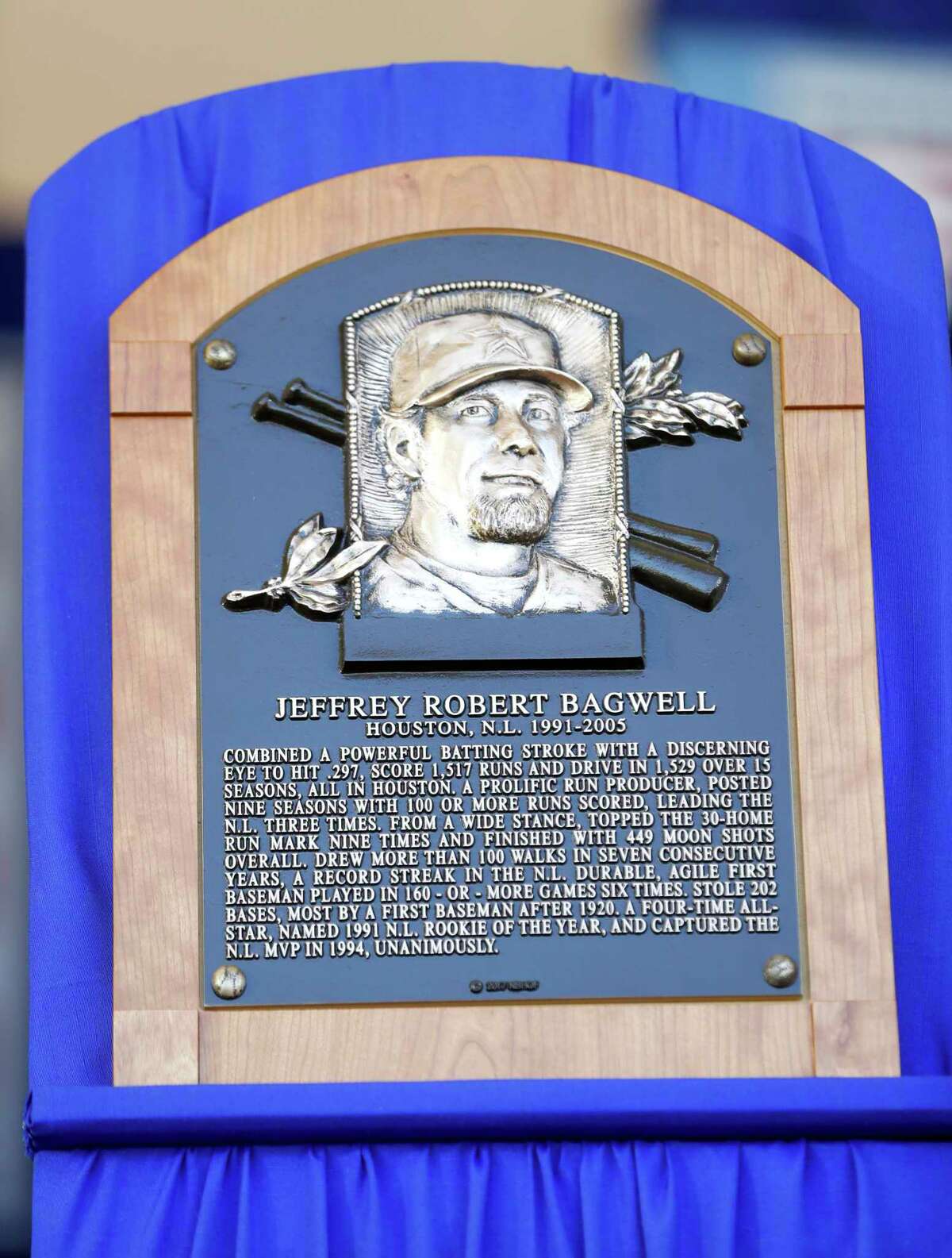 Jeff Bagwell's plaque as he gave his speech after getting inducted during the National Baseball Hall of Fame Induction ceremonies, Sunday, July 30, 2017, in Cooperstown. ( Karen Warren / Houston Chronicle )