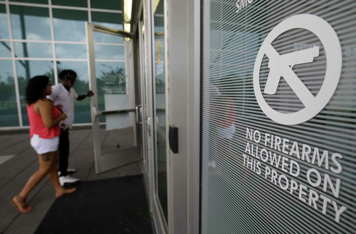 A no firearms allowed sign is displayed outside the student service center building at Lone Star College-CyFair, 9191 Barker Cypress Rd., Tuesday, July 25, 2017, in Cypress. Campus carry for community colleges will become effective on Aug. 1.