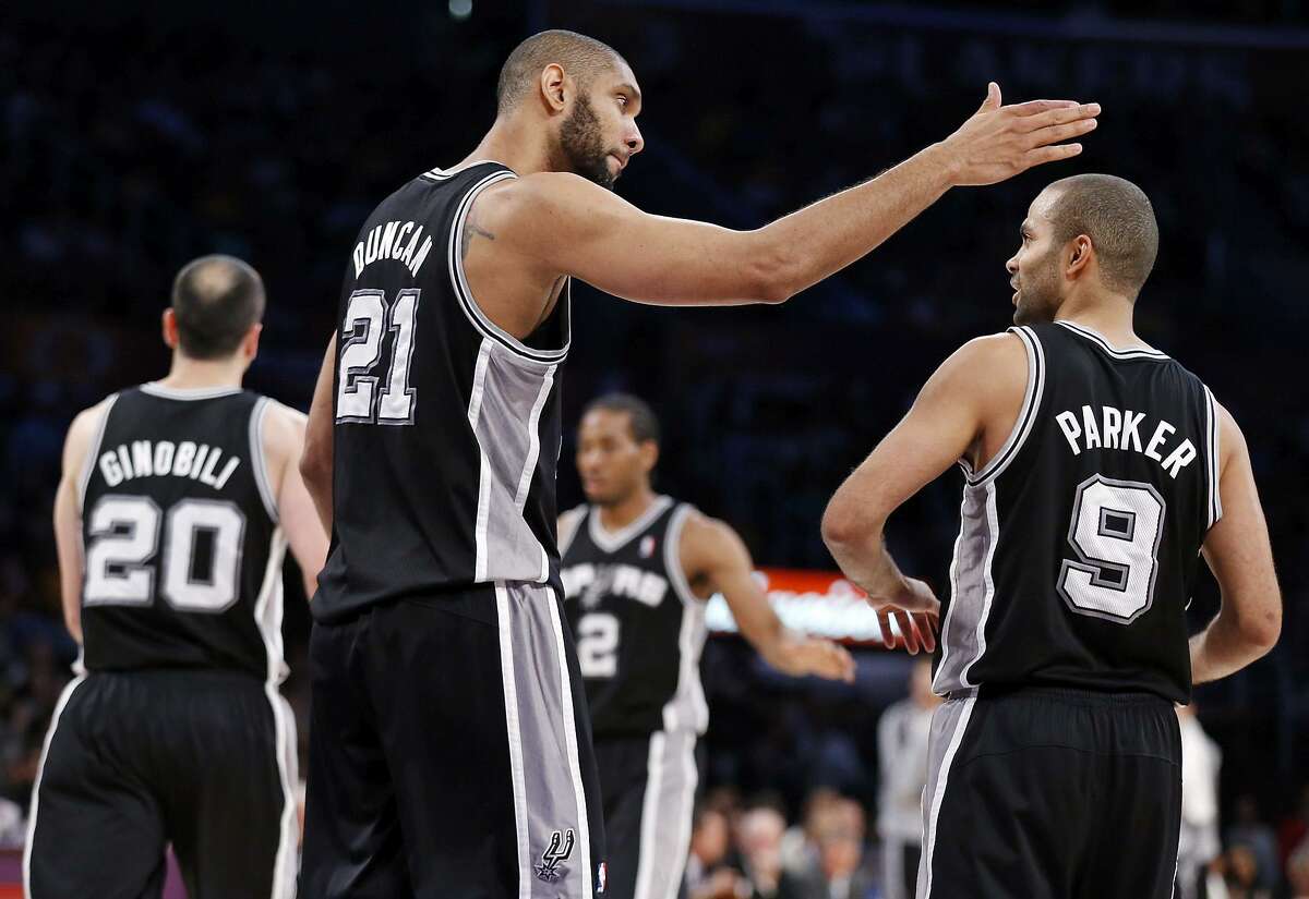 Manu Ginobili (from left), Tim Duncan, Kawhi Leonard and Tony Parker have been the keys to the Spurs winning at 60-percent clip over the past 20 seasons.