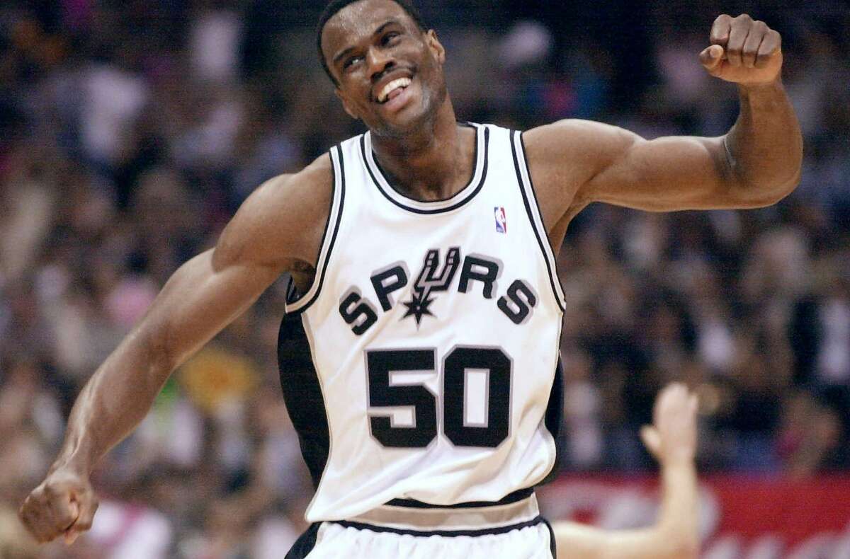 San Antonio Spurs center David Robinson celebrates during the fourth quarter of their Western Conference semifinal game against the Dallas Mavericks in San Antonio, Monday, May 7, 2001. San Antonio won 100-86. (AP Photo/Eric Gay)