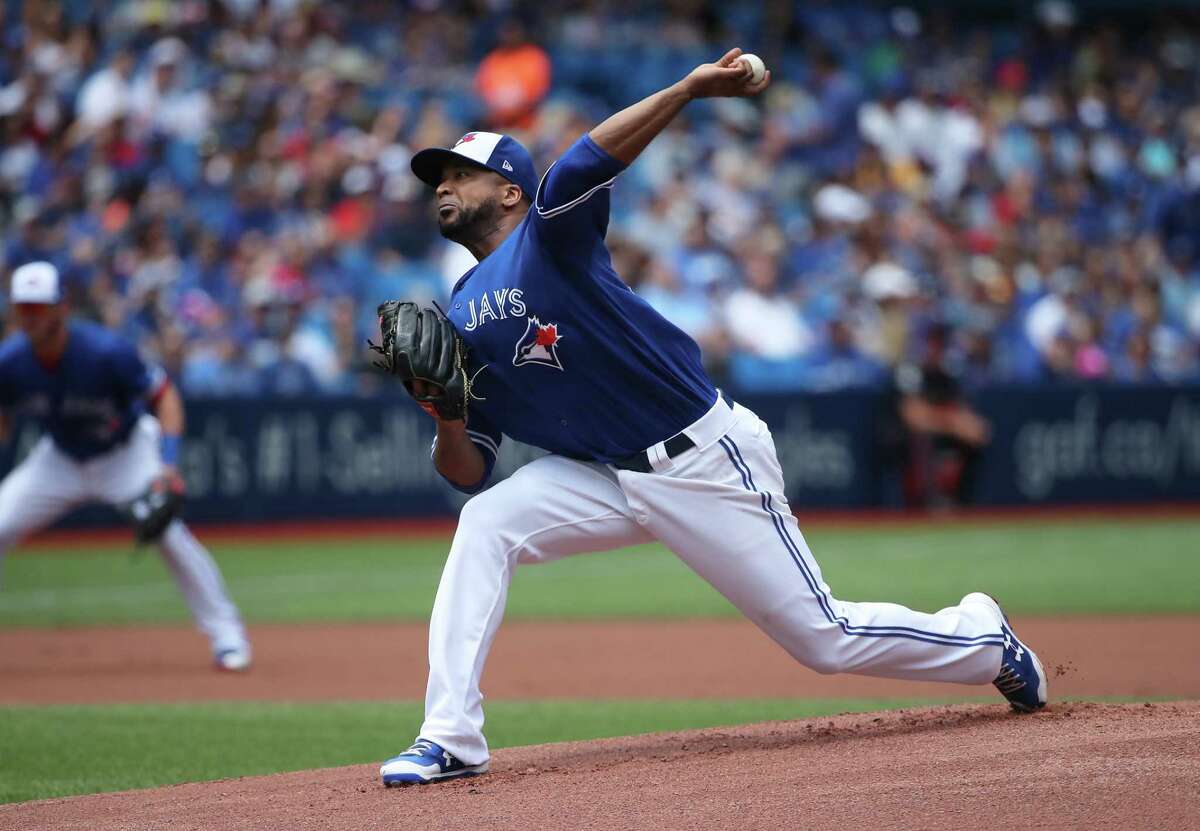 TORONTO, ON - JULY 29: Francisco Liriano #45 of the Toronto Blue Jays delivers a pitch in the first inning during MLB game action against the Los Angeles Angels of Anaheim at Rogers Centre on July 29, 2017 in Toronto, Canada.
