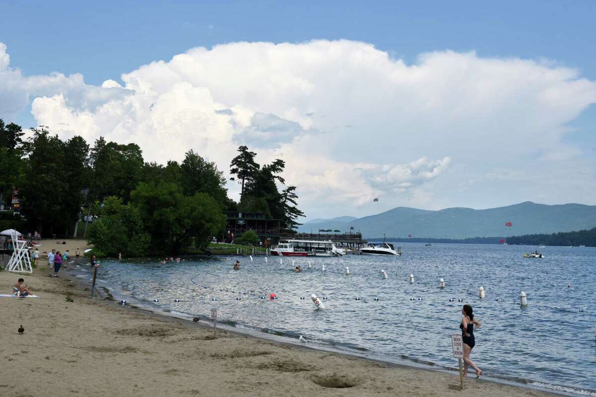 Sheppard Park Beach on Lake George was a popular place to swim and sunbath on Monday afternoon, July 31, 2017, in Lake George, N.Y. (Will Waldron/Times Union)