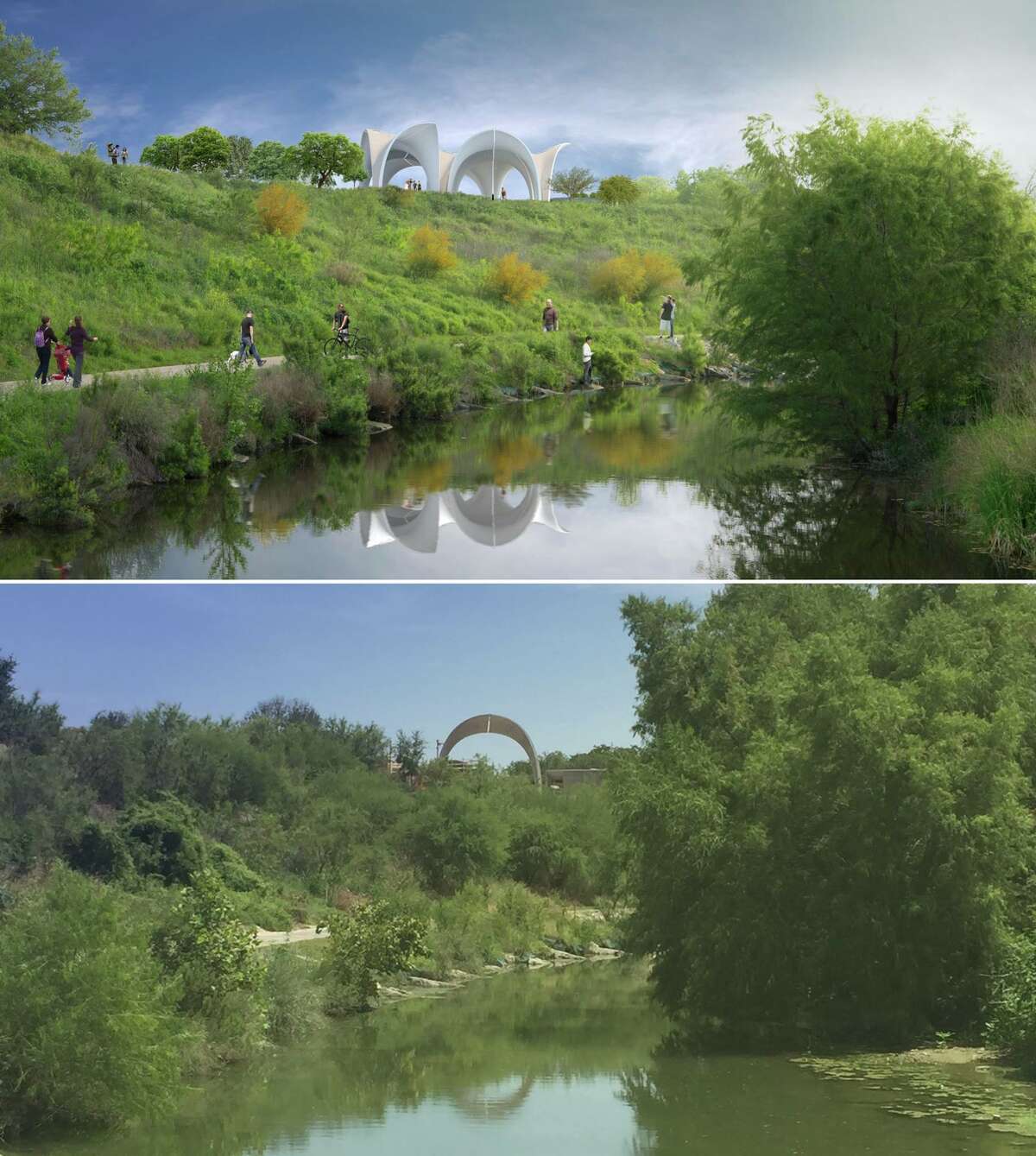 The top photo shows a rendering of what Confluence Park will look like when construction is finished, and the bottom photo shows park of a pavilion put up in July 2017.