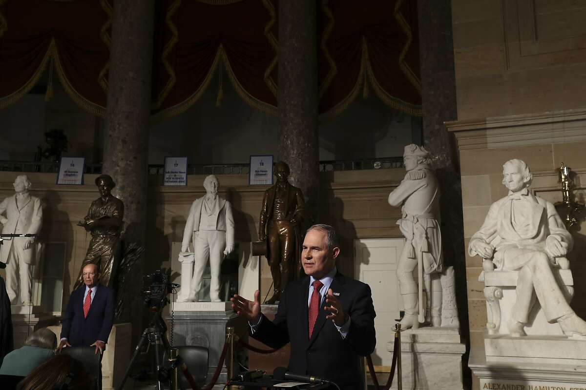 FILE — Scott Pruitt, administrator for the Environmental Protection Agency, speaks to reporters in Washington, Feb. 28, 2017. Pruitt denied a petition brought by environmental groups seeking a complete ban on chlorpyrifos, saying there “continue to be considerable areas of uncertainty” about the neurodevelopmental effects of early life exposure to the pesticide. (Stephen Crowley/The New York Times)