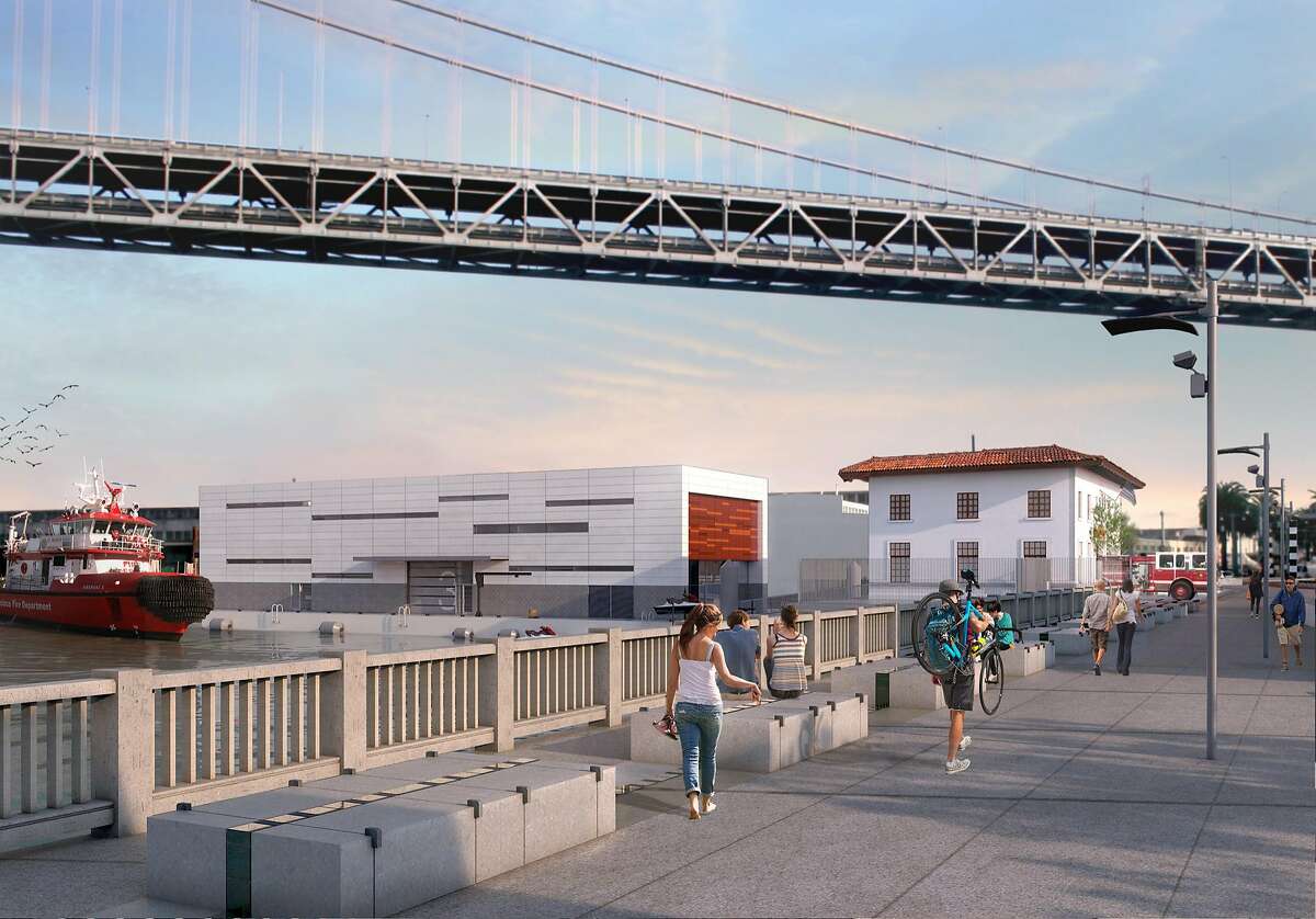 A rendering showing the proposed fireboat station at Pier 22.5, which would be located on moored barge off the Embarcadero. The design by Shah Kawasaki Architects was selected after a competition held by the San Francisco Department of Public Works. The $39 million facility would be built by the Swinerton/Power joint venture team.
