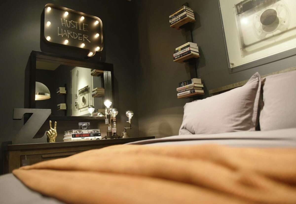 A potential design for a teen's room is displayed at RH Baby & Child, now rebranded to include an RH Teen section, in Greenwich, Conn. Wednesday, July 19, 2017. The upscale home furnishings marketplace Restoration Hardware offers products and custom-designs for children and teen rooms.
