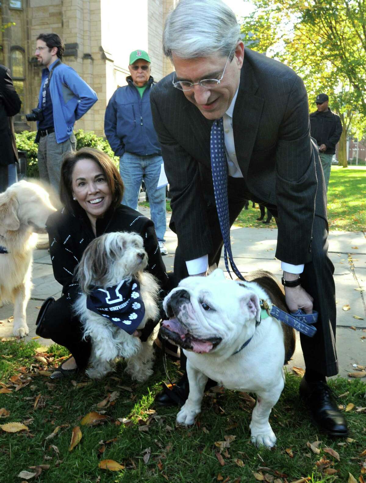 (Mara Lavitt ?‘ New Haven Register) October 12, 2013 New Haven Yale University held a campus-wide open house in celebration of Peter Salovey's inauguration on Sunday as the 23rd president of Yale. The celebration started with a Canine Kickoff, inviting all campus dogs to attend.A procession around Cross Campus included Salovey, his wife Marta Moret, and the First Dog, Portia here with Handsome Dan XVII.