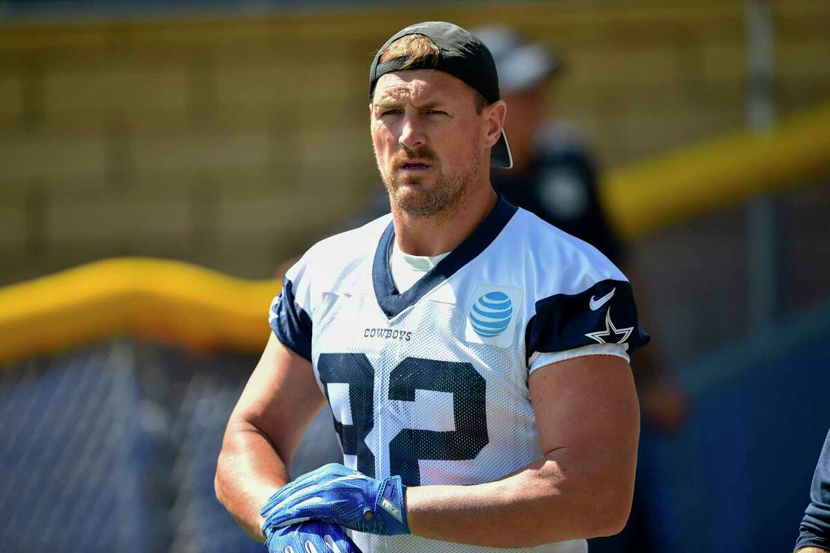 FILE - In this July 25, 2017, file photo, Dallas Cowboys tight end Jason Witten takes the field during NFL football training camp, in Oxnard, Calif. Jason Witten is in his 15th training camp, and about to head to Canton to watch his boss for all those years, Dallas Cowboys owner Jerry Jones, get inducted into the Hall of Fame. It begs the obvious question: Will his turn come? (AP Photo/Gus Ruelas, File)