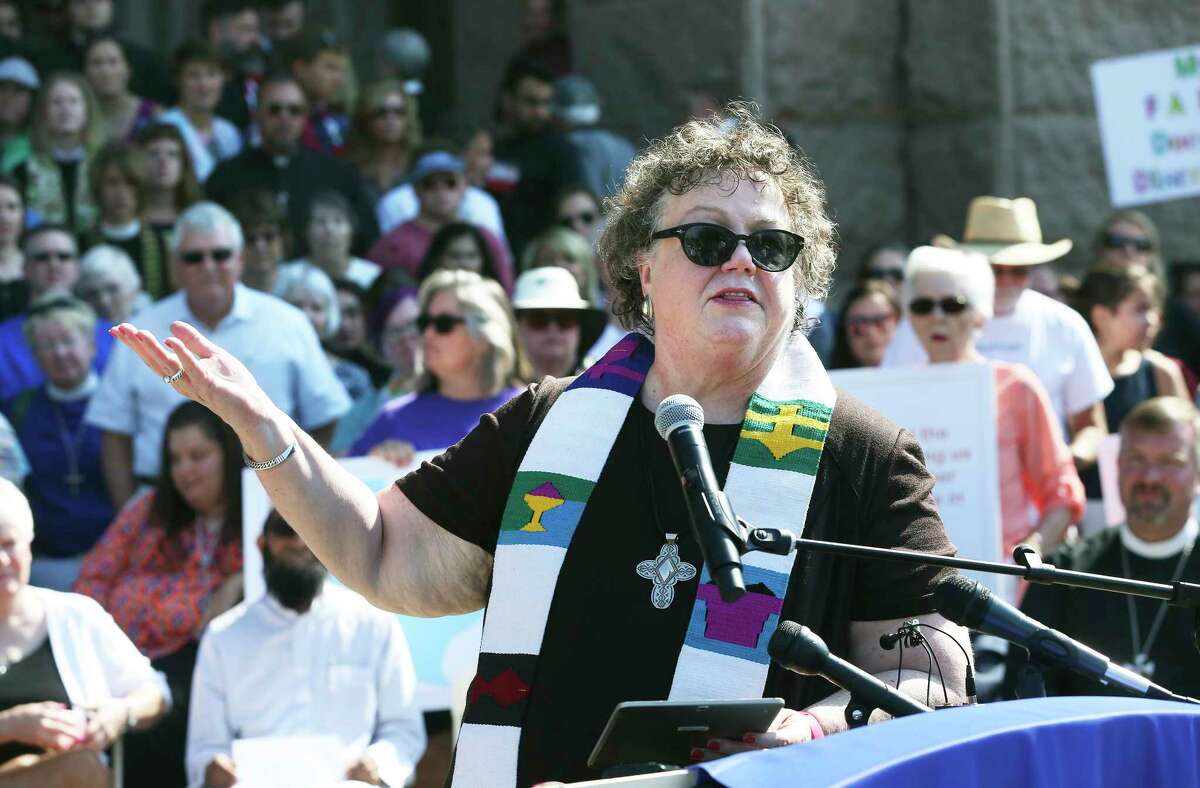 General Presbyter Sallie Sampsell Watson, of Mission Presbytery in San Antonio, asks Texans to "love thy neighbor" Tuesday at a Capitol gathering of religious leaders to protest the proposed "bathroom bill." 