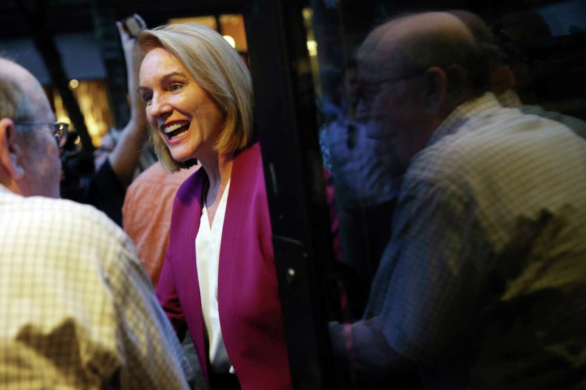 Seattle Mayoral candidate Jenny Durkan and her supporters celebrate her first place position in the primary race, as returns come in Tuesday, Aug. 1, 2017. She captured 31.6 percent of the vote in a 21-candidate field.  She needs 50.1 percent in November.