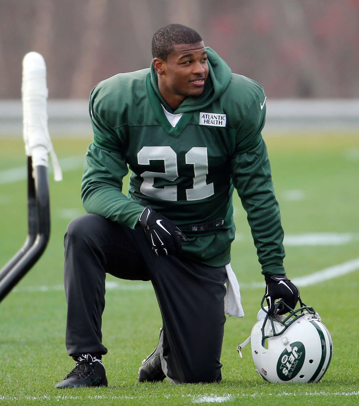 FILE - In this Dec. 9, 2015, file photo, New York Jets free safety Marcus Gilchrist watches during NFL football practice in Florham Park, N.J. The Jets have released Gilchris on Thursday, May 4, 2017, a move that appeared a strong possibility after the team drafted safeties with their first two picks last week. (AP Photo/Julio Cortez, File)
