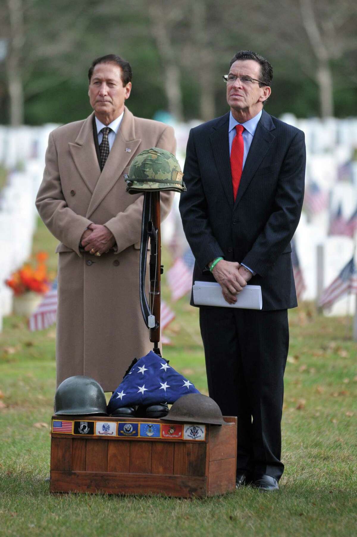 Councilman Tom Serra and Gov. Dannel P. Malloy at the Veterans Day ceremony Monday afternoon at the State of Connecticut Veterans' Cemetery at 317 Bow Lane in Middletown. Catherine Avalone - The Middletown Press