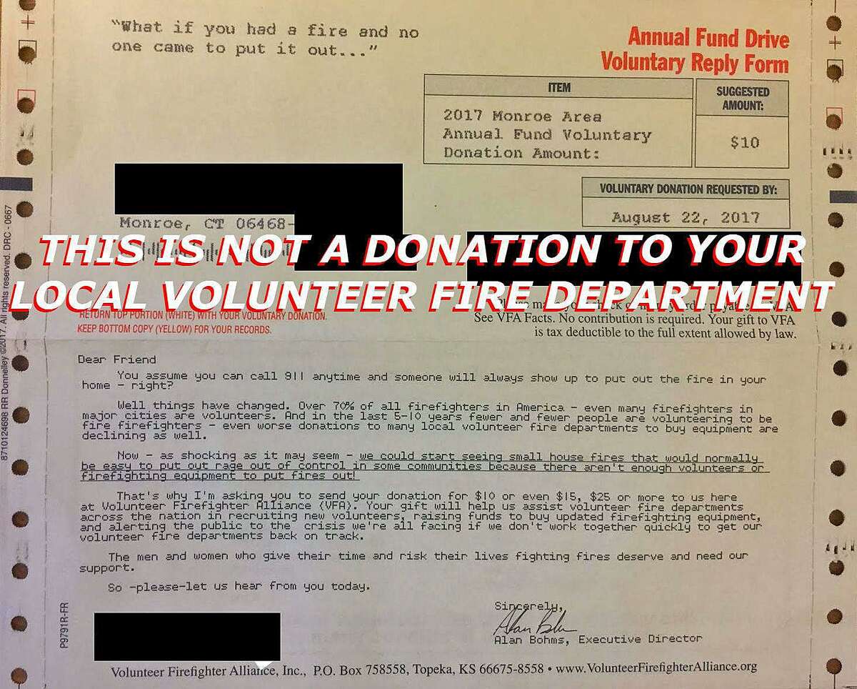 The Stepney Fire Department in Monroe says this is a letter being sent to Monroe residents asking for donations to help volunteer firefighters. The letter is not sanctioned by the town’s three fire departments. “This organization is in no way affliliated or associated” with of the departments, the Stepney Fire Department posted on its Facebook page. “Nor do we directly benefit from any donations to them.”