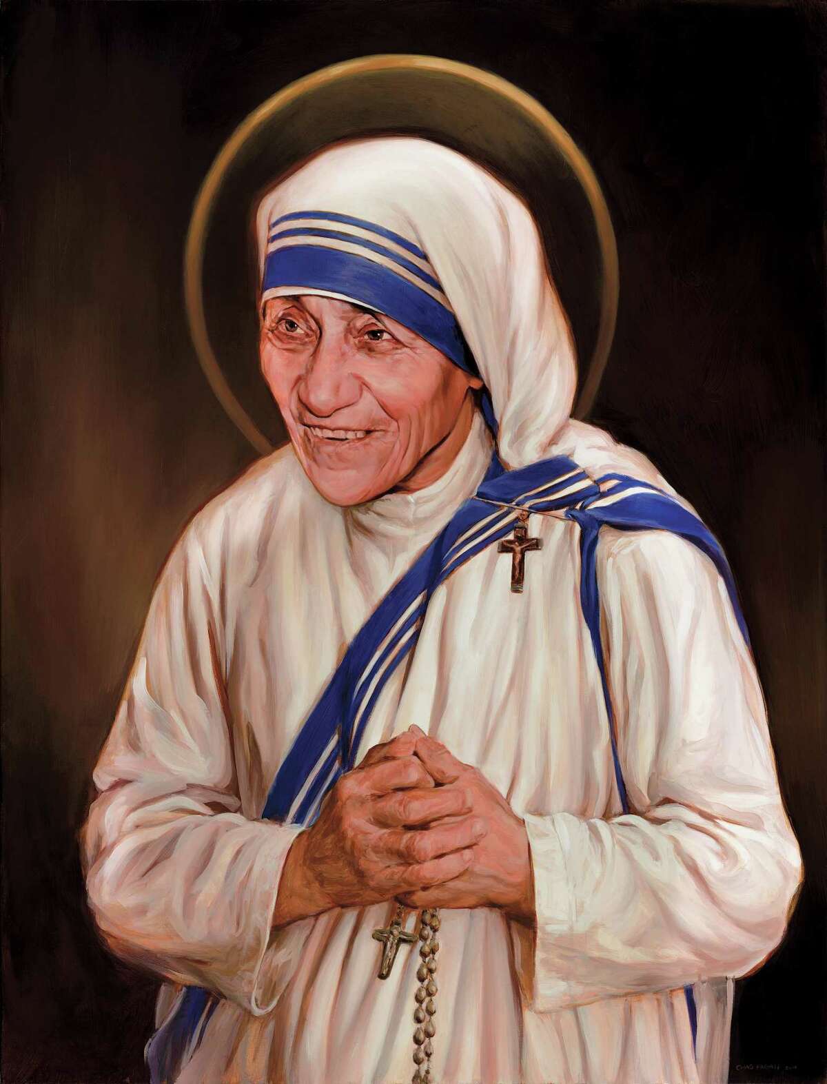 This photograph shows a reproduction of a 2016 painting by Chas Fagan "St. Teresa of Calcutta: Carrier of God's Love", depicting Mother Teresa, commissioned by the Knights of Columbus as a gift for the Missionaries of Charity, in Charlotte, NC, United States. The painting will be used as the official image of Mother Teresa during her canonization ceremony in St. Peters' Square, at the Vatican next Sunday, Sept. 1, 2016.