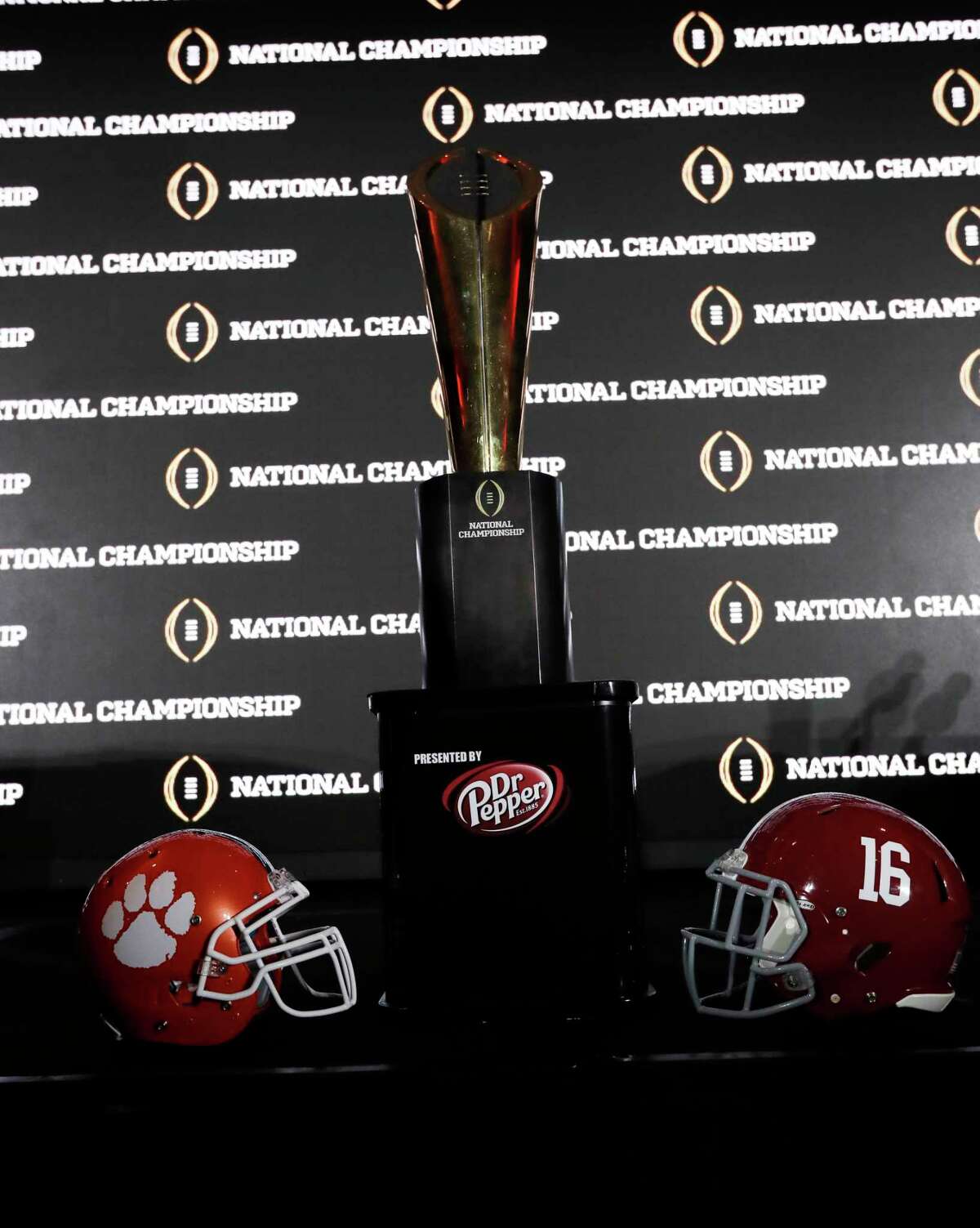 The championship trophy is seen after a news conference for the NCAA college football playoff championship game between Alabama and Clemson Sunday, Jan. 8, 2017, in Tampa, Fla.