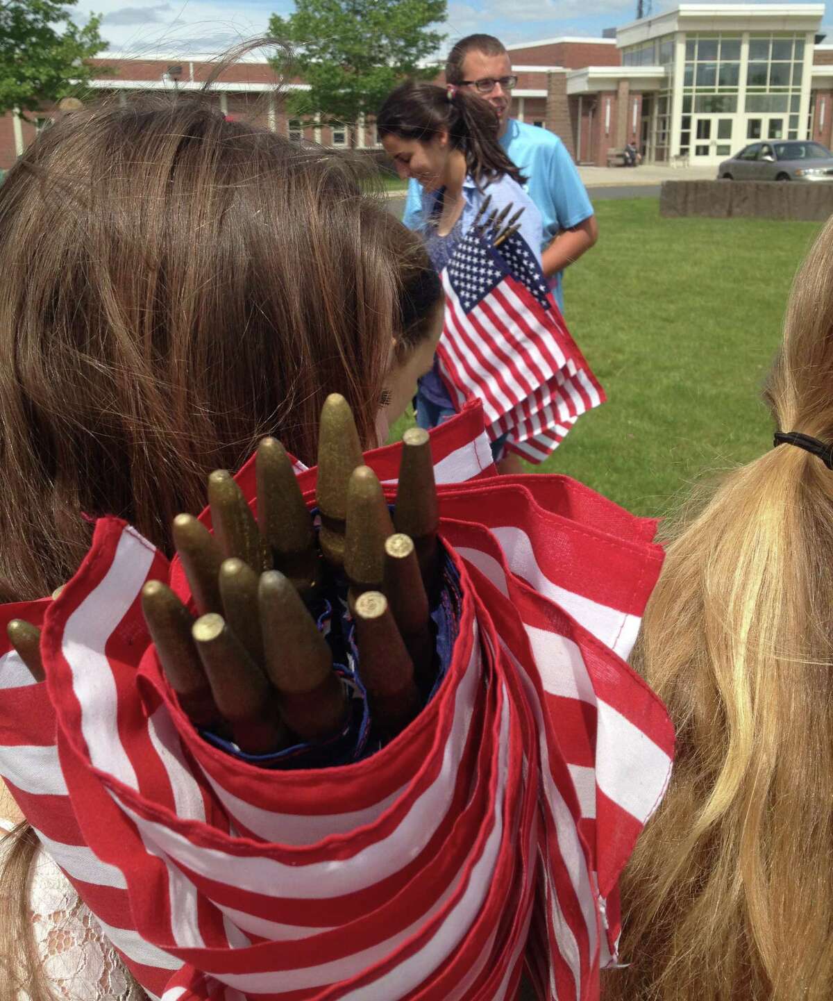 Portland Middle School Student Council outfit lawn with flags Memorial Day