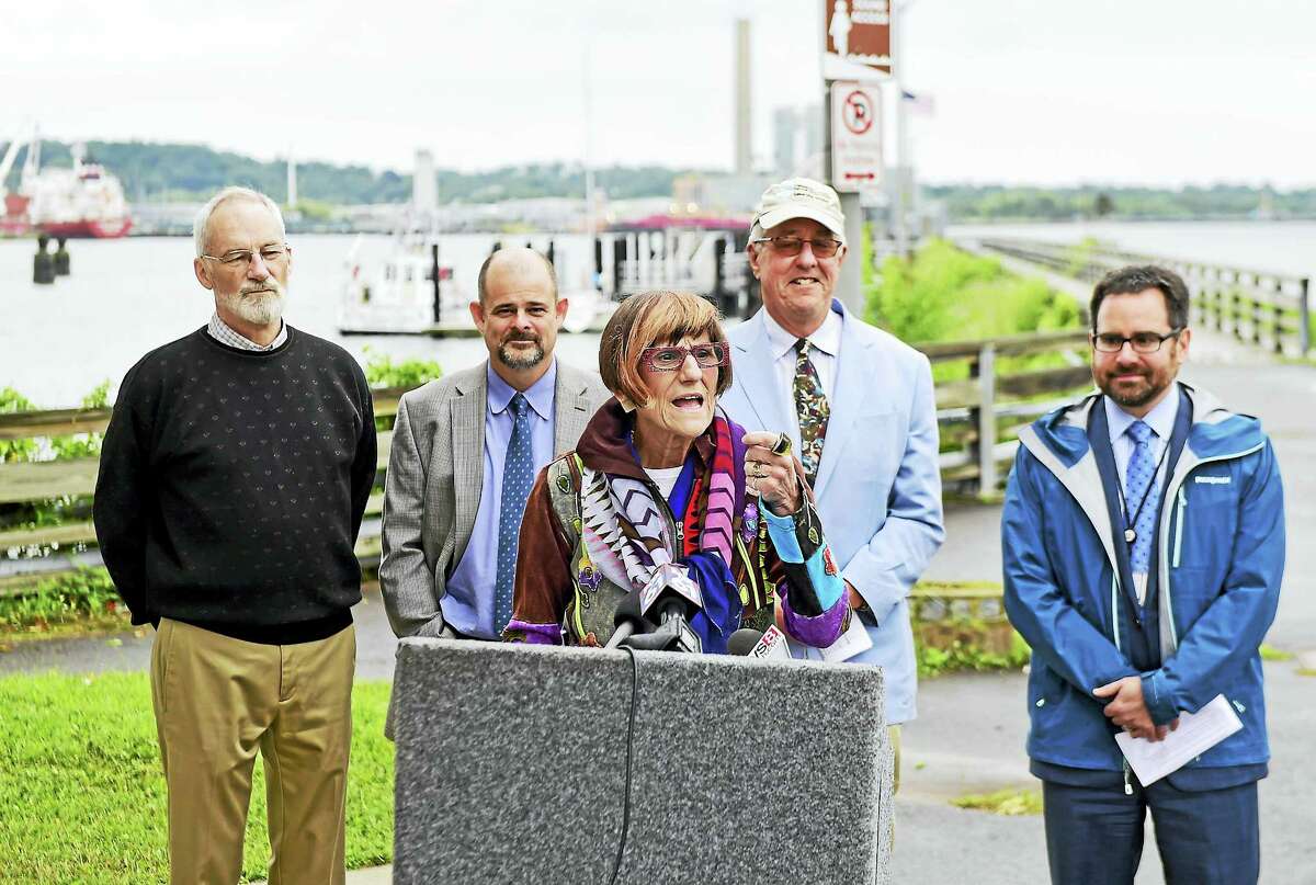 Soundkeeper Bill Lucey, second from left at rear, stands behind U.S. Rep. Rosa DeLauro, D-3, at a press conference to announce $8 million in federal funding for Long Island Sound clean-up efforts. Also shown are, from left, David Sutherland, Nature Conservancy director of government relations; Lucey; Curt Johnson, executive director of Save the Sound and Connecticut Fund for the Environment; and state Department of Energy and Environmental Protection Commissioner Rob Klee.