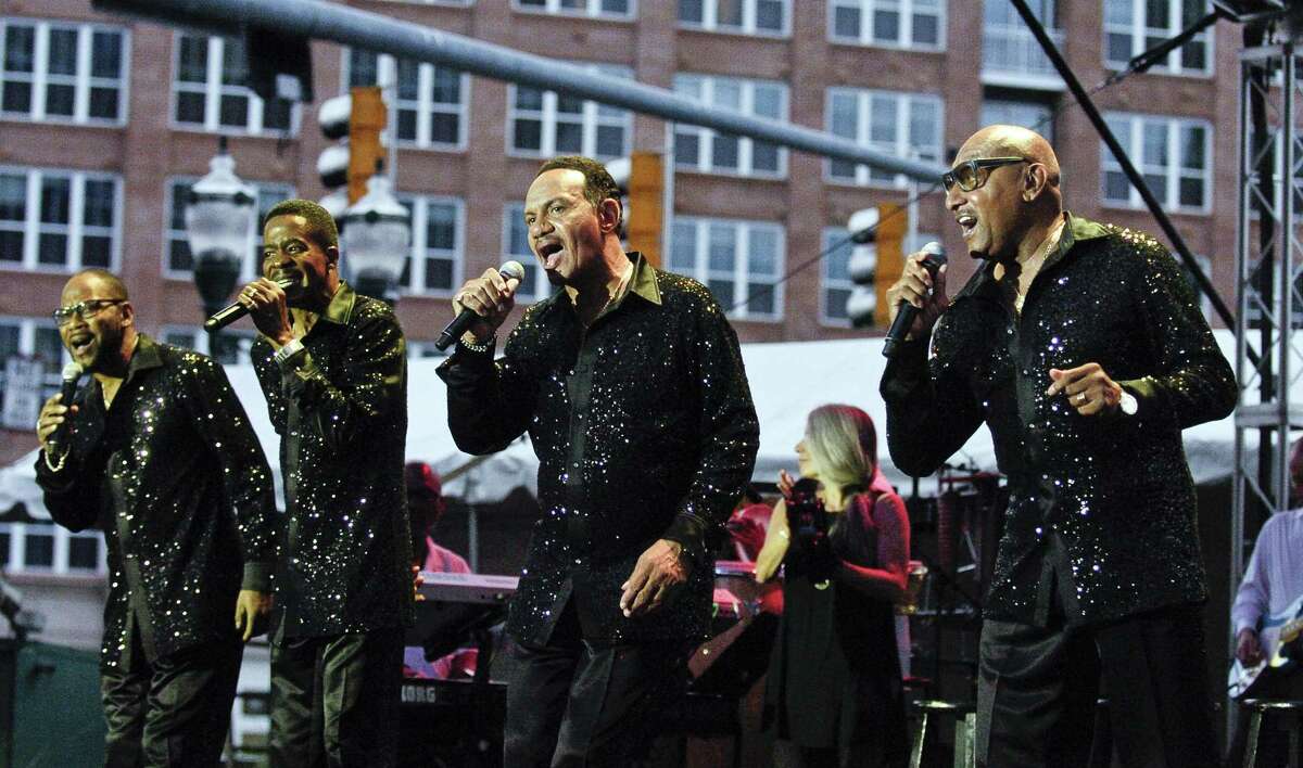 Duke Fakir, at far right, the lone original member of The Four Tops performs at the final Wednesday Nite Live summer concert series in Columbus Park with current members on August 2, 2017 in Stamford, Connecticut.