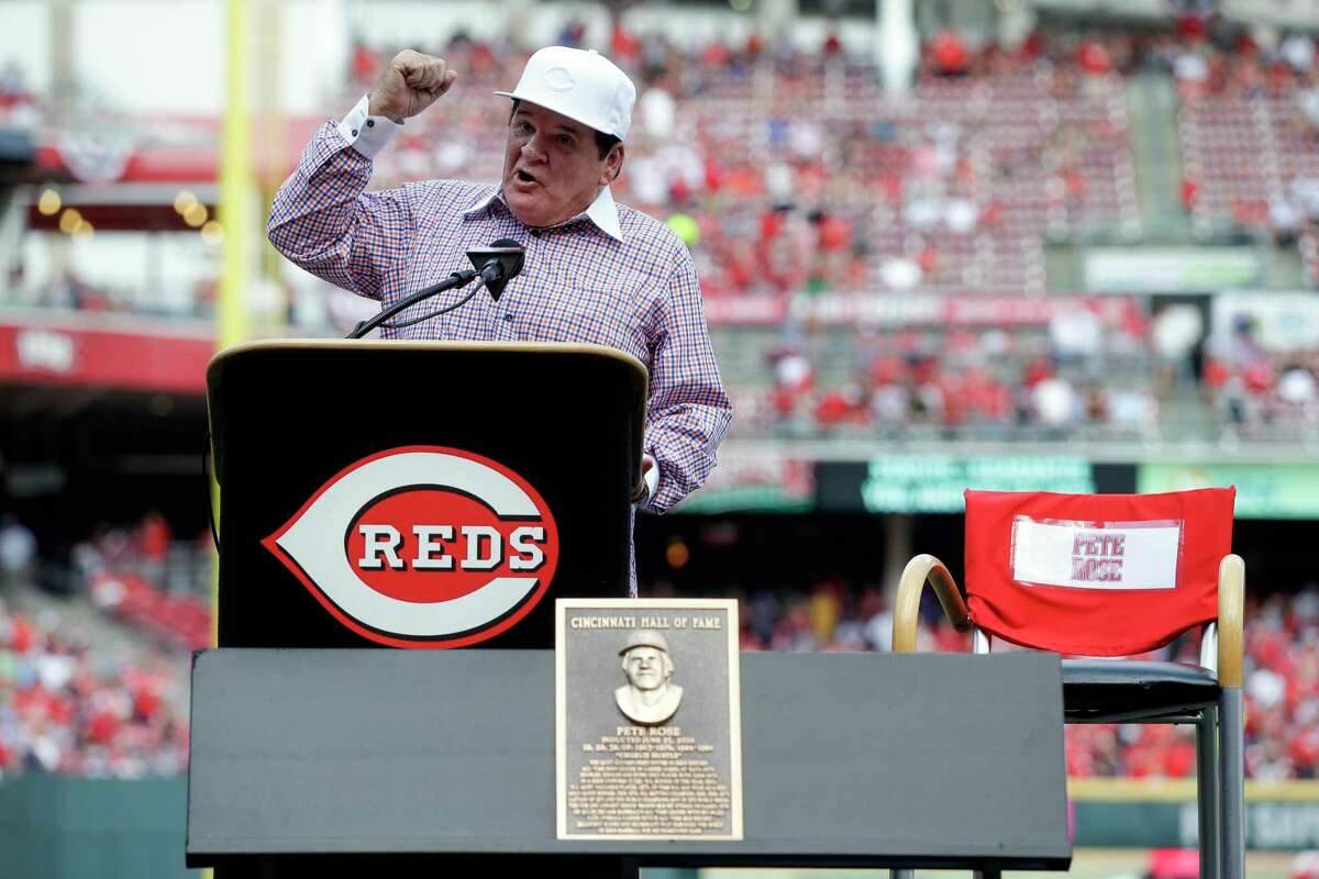 Former Cincinnati Reds player and manager Pete Rose speaks during a ceremony as he is inducted into the Cincinnati Reds Hall of Fame before a baseball game against the San Diego Padres, Saturday, June 25, 2016, in Cincinnati. (AP Photo/John Minchillo) ORG XMIT: OHJM110