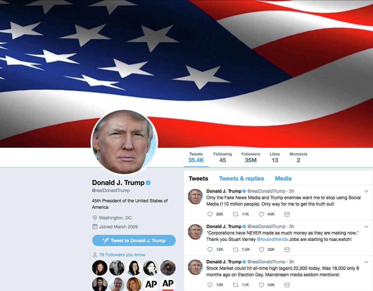 This frame grab shows part of the Twitter page of U.S. President Donald Trump. The stock market has never been higher, and Trump would like more people to pay attention. On Tuesday, Aug. 1, 2017, Trump tweeted about the strength of the stock market since he took office. (Courtesy of Twitter via AP) ORG XMIT: NYBZ211