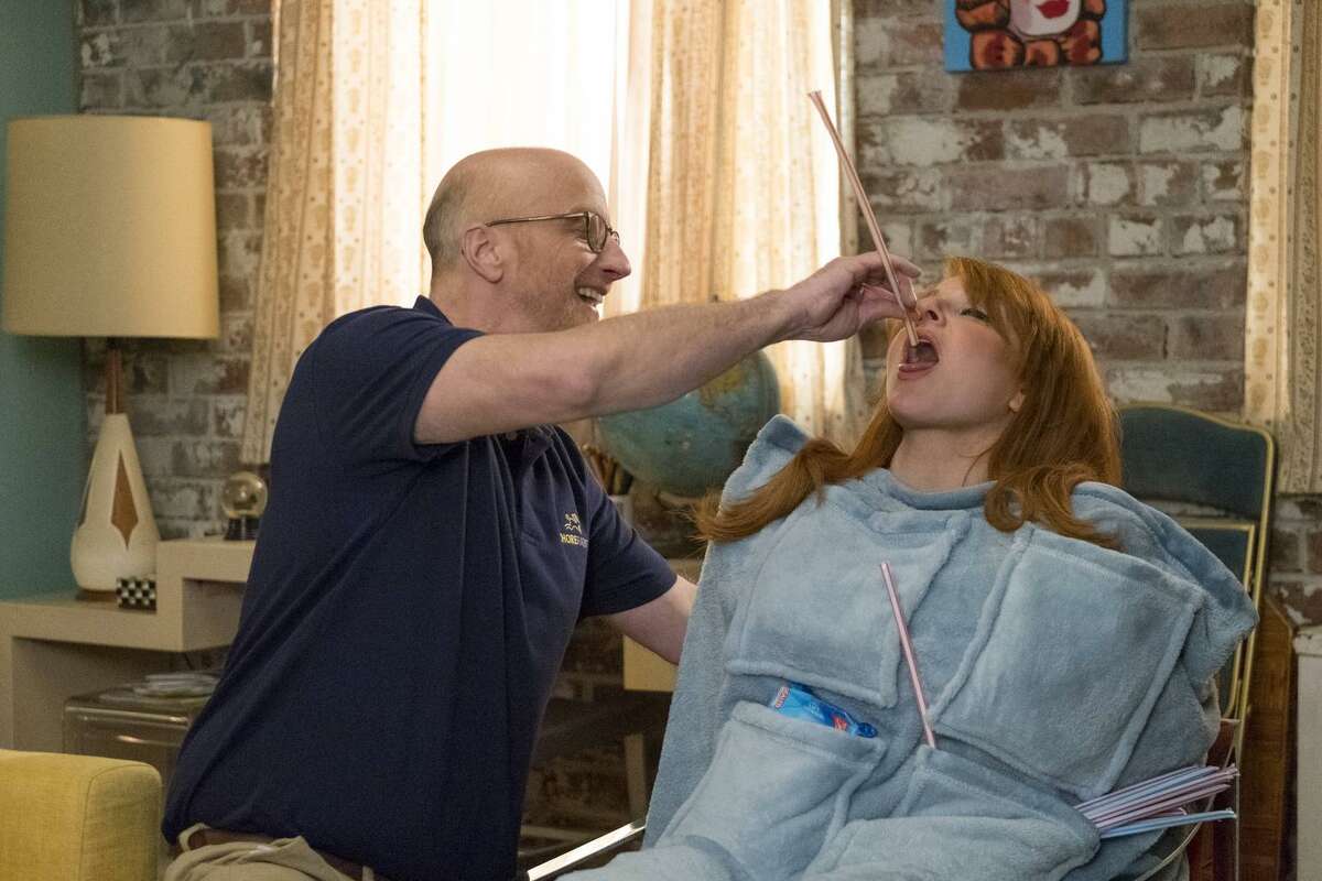 Chris Elliott (left) guest stars in an episode of “Difficult People” and is seen here with Julie Klausner, the show’s creator and co-star who portrays a clueless, self-involved comic.
