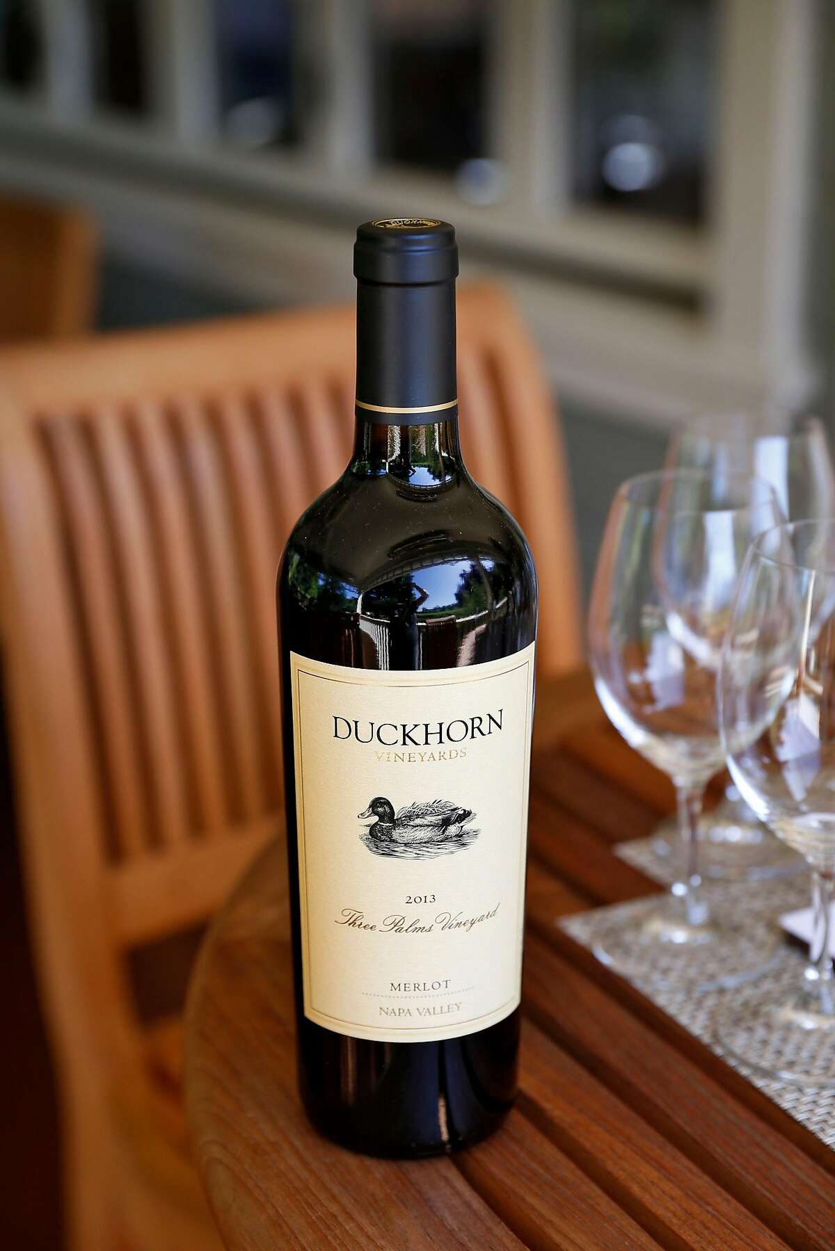 A bottle of Merlot at Duckhorn Vineyards winery in St. Helena.