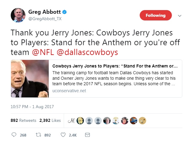 Twitter Is not Amused by Gov. Abbott's Cowboys Kicker Joke