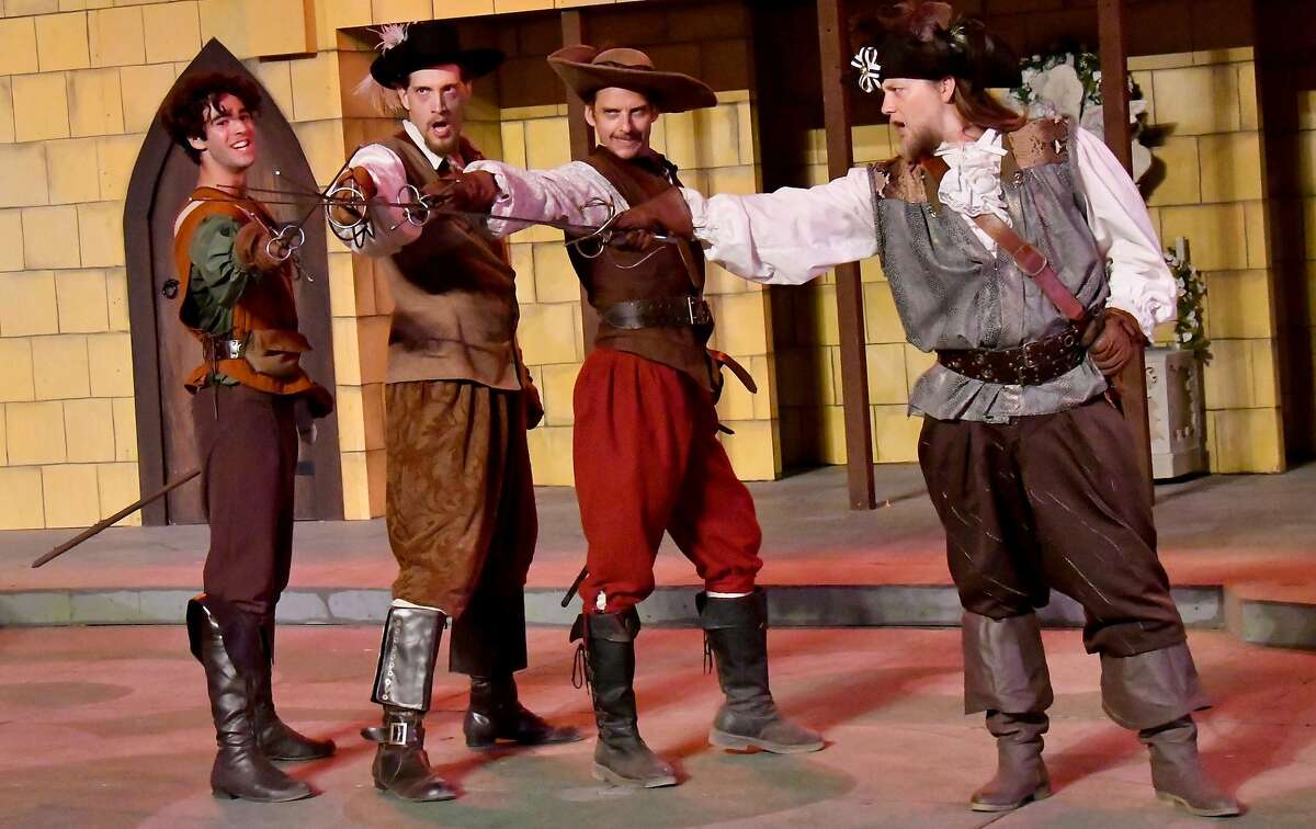Marin Shakespeare Company presents Ken Ludwig's "The Three Musketeer" through��Aug. 27 at Forest Meadows Amphitheatre in San Rafael, featuring��(L to R) Jonah Robinson,��Dean Linnard,��Patrick Russell and Jackson Currier.