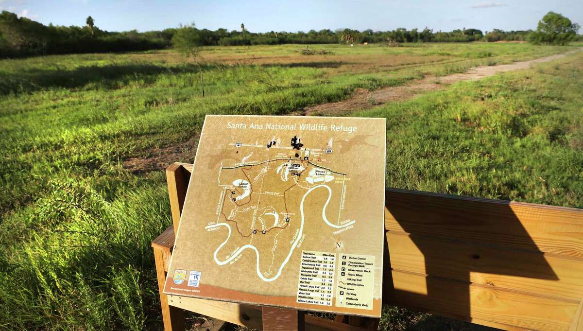 A map shows the trails and lakes in Santa Ana National Wildlife Refuge near Alamo, where engineers have taken soil samples on the levee in preparation to build Trump's Wall.