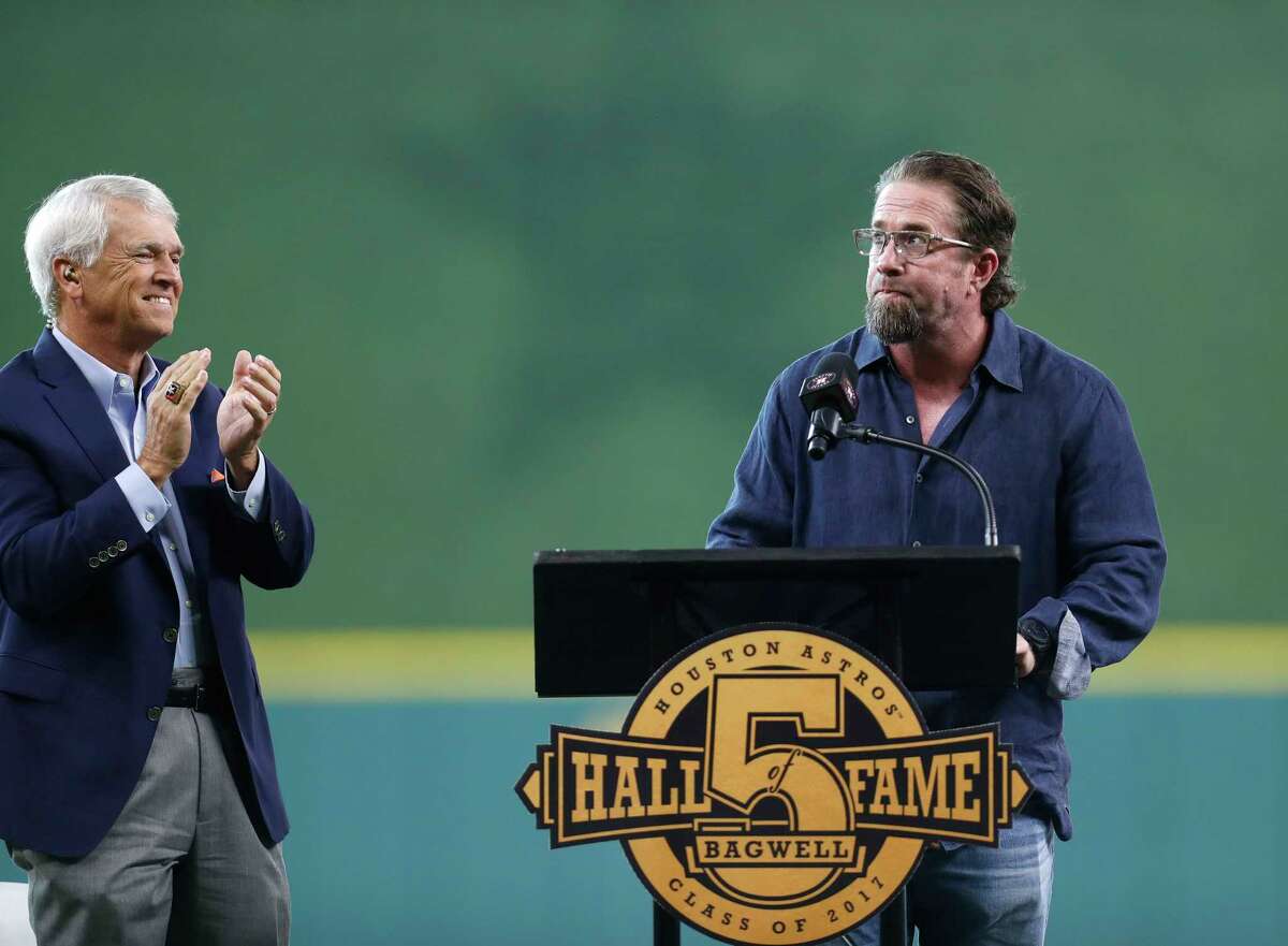 Jeff Bagwell speaks during a ceremony to honor his recent induction into the National Baseball Hall of Fame before the start of an MLB game at Minute Maid Park, Saturday, Aug. 5, 2017, in Houston.