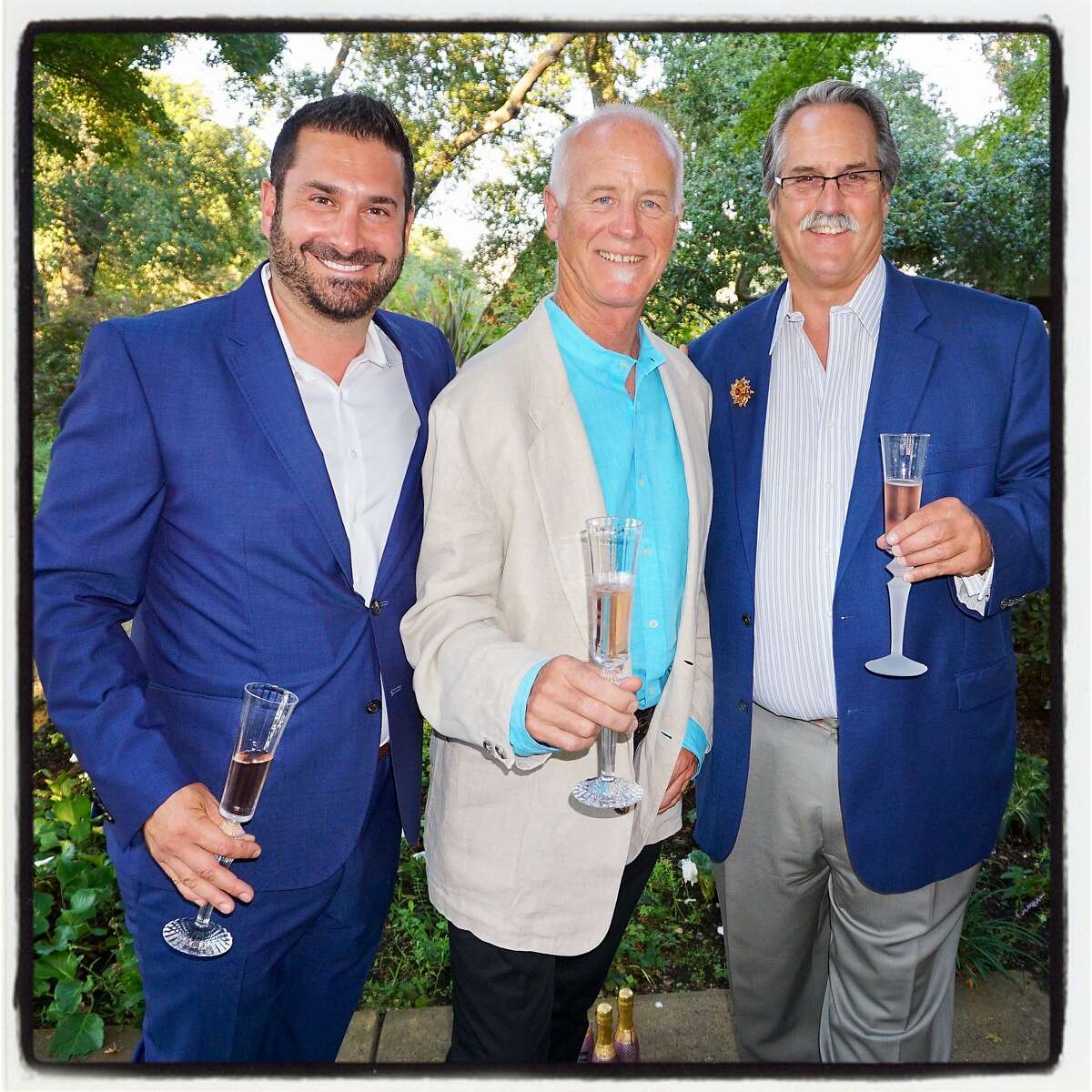Adam Dornsbusch (left) with vintners Bo Barrett and Cyril Chappellet at the Rubin Singer fashion event. Aug. 2, 2017.