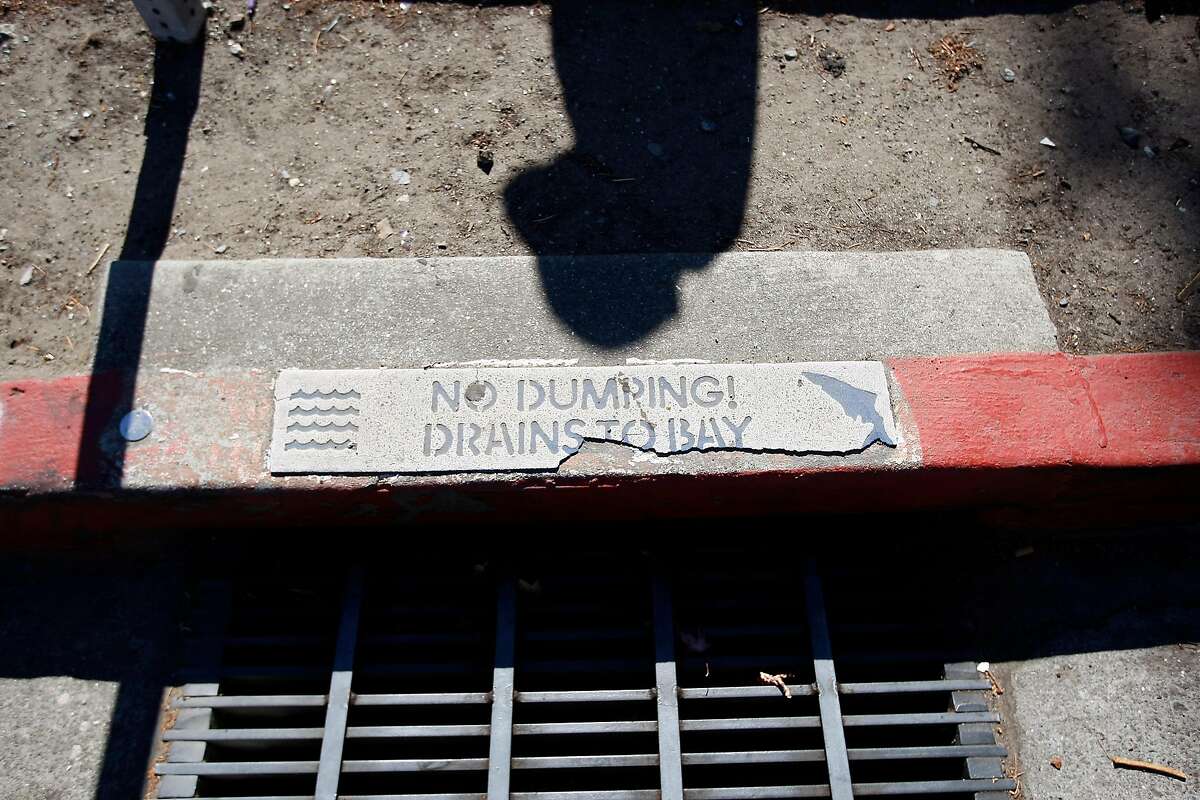 Lupe Quinones' shadow is seen near a storm drain as she walks through her neighborhood in Redwood City, CA Friday September 6, 2013. Lupe Quinones is a participant in a Stanford research project that has senior citizens walk around their neighborhoods and take photos and document problematic spots to collect data and advocate for changes on civic level.
