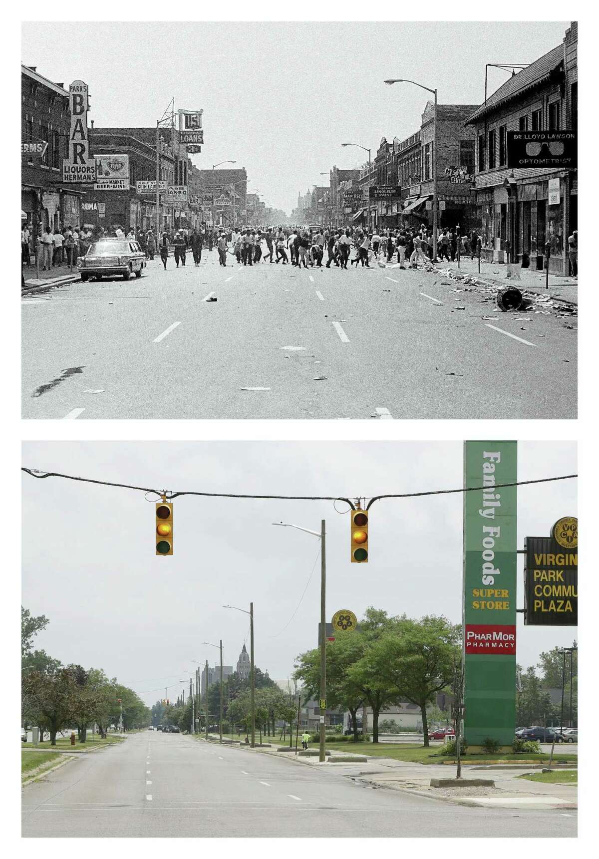 ADVANCE FOR USE SUNDAY, JULY 16, 2017 AND THEREAFTER-This combination of July 23, 1967 and July 11, 2017 photos shows people running down 12th Street on Detroit's westside throwing stones at storefronts and looting, and the same view 50 years later, looking south on Rosa Parks Boulevard, renamed from 12th Street. (AP Photo)