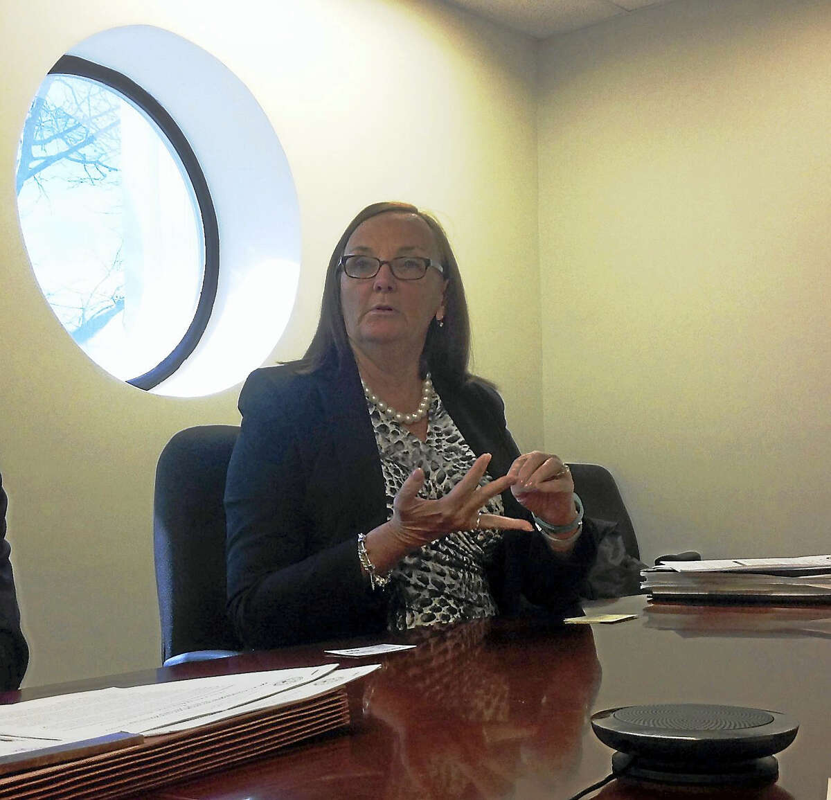 Carol Carson, executive director of the Connecticut Office of State Ethics, makes a point while speaking to the Register Editorial Board