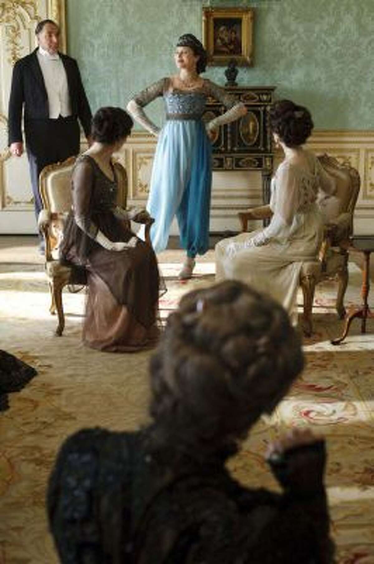 Shocking evening harem pants for the character of Lady Sybil Crawley, played by Jessica Brown Findlay. Illustrates DESIGN-DOWNTON (category e), by Kristin Hohenadel (c) 2014, Slate. Moved Wednesday, Feb. 19, 2014. (MUST CREDIT: Courtesy of Nick Briggs, Carnival Film and Television Limited.)