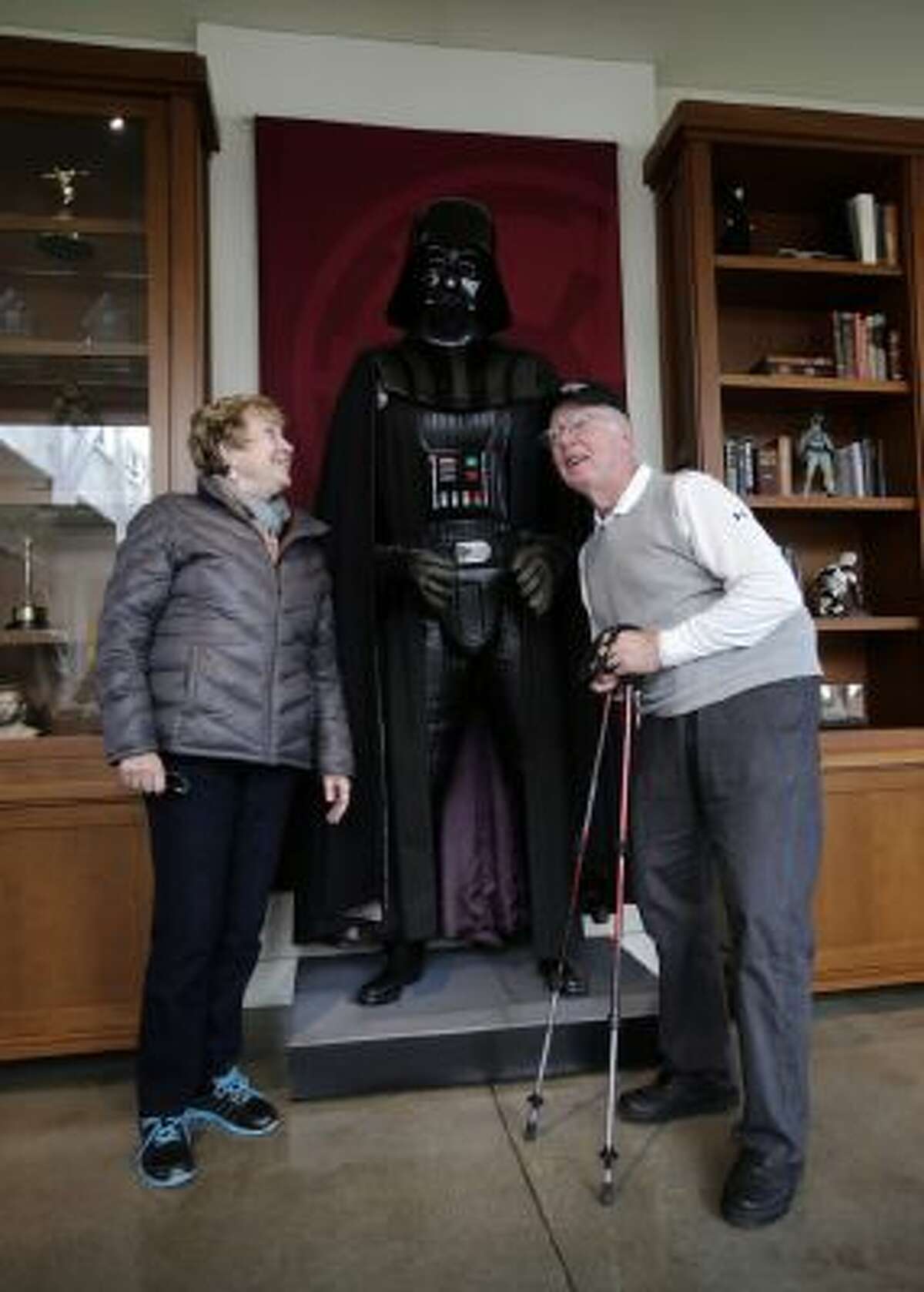 Paulette and Dan Cochrane of Walnut Creek pose with Darth Vader during a visit to the Letterman Digital Arts Center during a stop with the San Francisco Movie Tours bus tour in San Francisco, Calif. on Monday, Feb. 3, 2014. The Letterman Digital Arts Center is home of Lucasfilm in the Presidio.