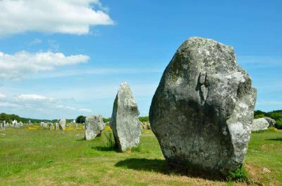Prehistoric megaliths, or menhirs, near the town of Carnac in Brittany; some of the huge, ancient stones are believed to be 6,300 years old.