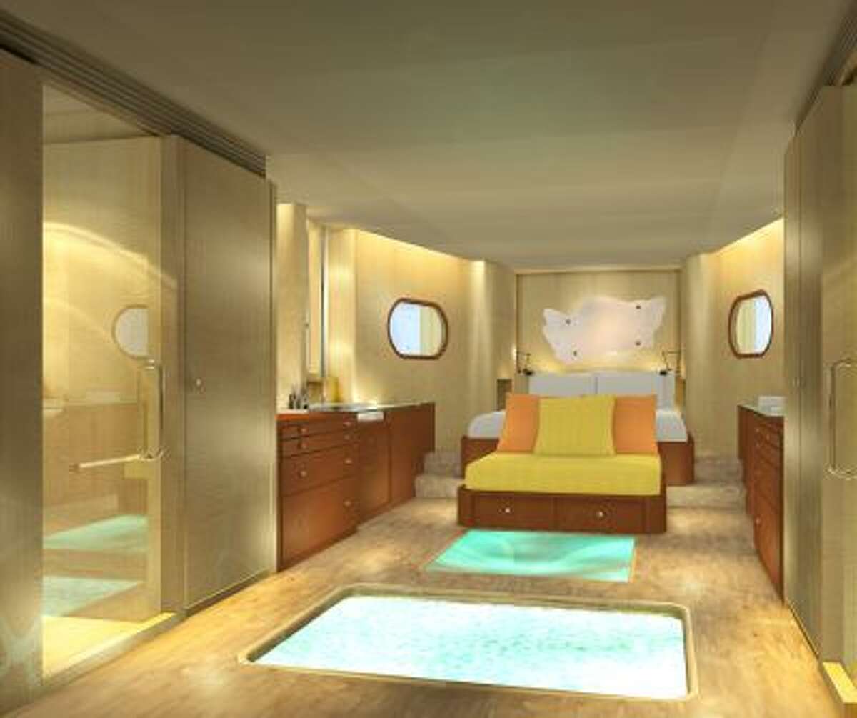 A digital illustration of a bedroom in the future Soneva in Aqua yacht.
