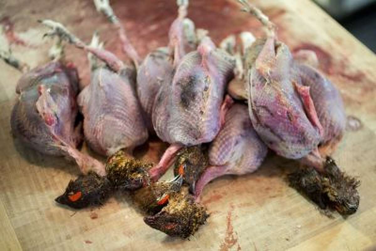 Grouse being prepared at St. John restaurant; to take advantage of hunting season, some of London's best chefs "nature-ize" their menus according to which animals are available.
