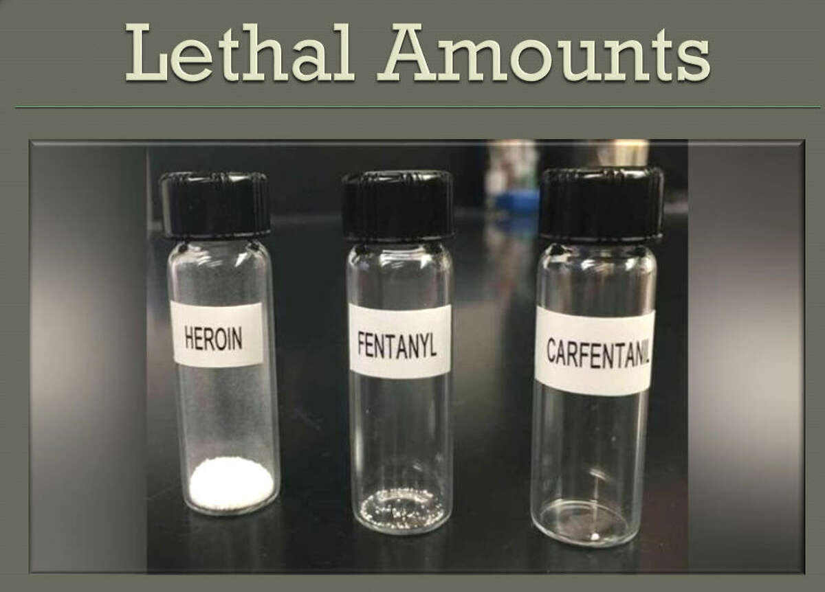 A slide from HPD shows lethal doses of heroin, fentanyl and carfentanil.