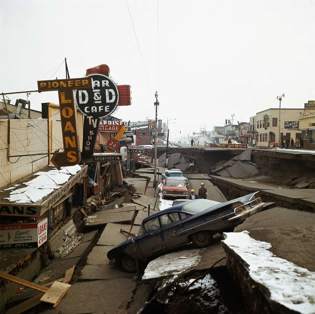 Half of Fourth Avenue in Anchorage dropped about 10 feet during the magnitude 9.2 earthquake of 1964.