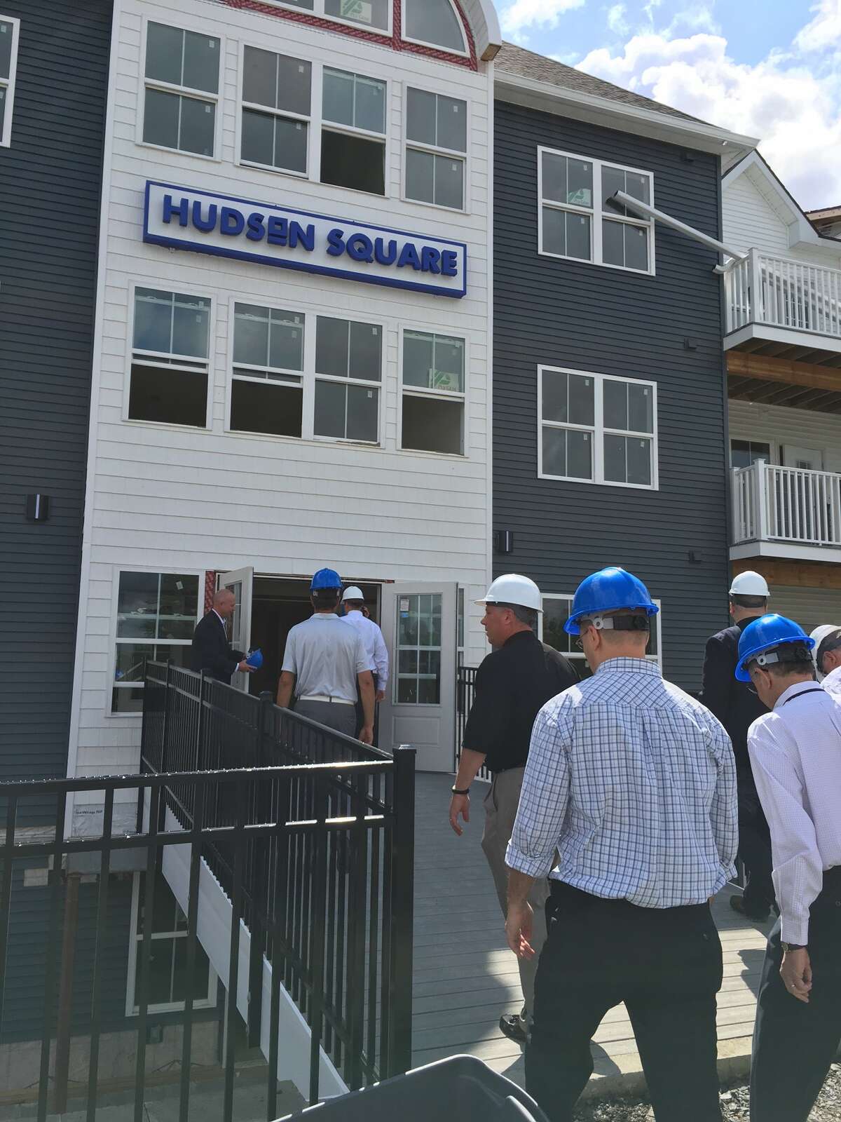 Officials get a look at construction progress at the $25 million Hudson Square apartment complex on Van Schaick Island in Cohoes Tuesday morning. (Eric Anderson/Times Union)