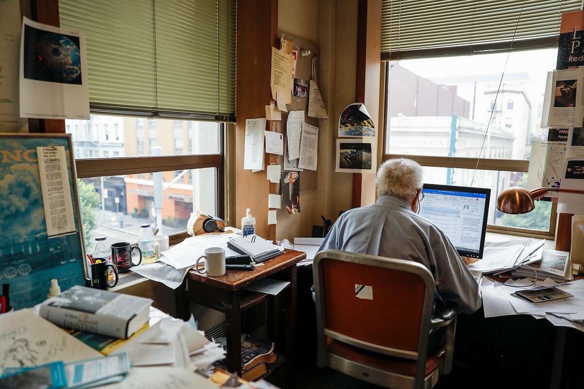 San Francisco Chronicle science editor David Perlman is seen on his last day as a full time employee at the Chronicle on Friday, Aug. 4, 2017 in San Francisco, Calif. Perlman retires after 77 years at the paper at the age of 98.
