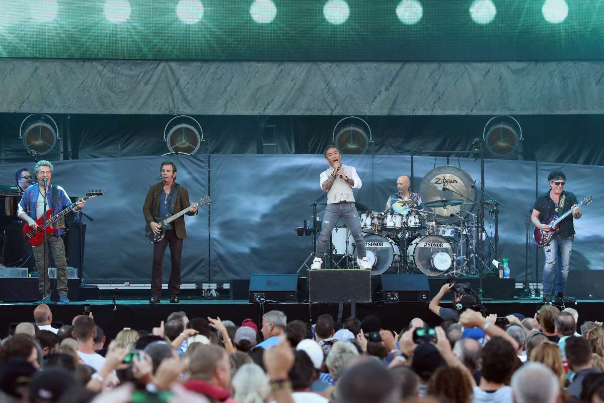 Ross Valory, Jonathan Cain, Arnel Pineda, Steve Smith and Neal Schon of Journey perform onstage during The Classic East - Day 2 at Citi Field on July 30, 2017 in New York City.