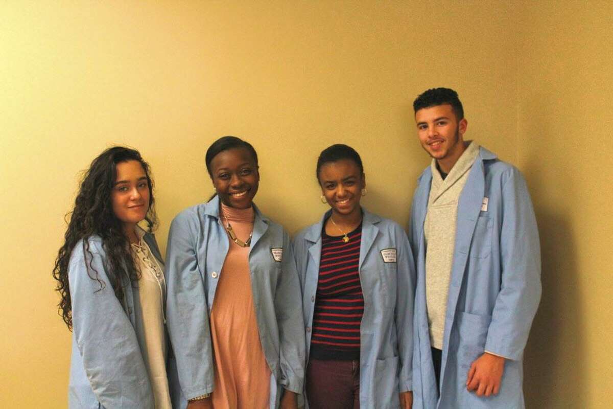 From left to right, Fairchild Wheeler students Kiana Laude, Raysa Leguizamon, Uchenna Oguagha, Kiana Laude,  and Jucar Lopes.