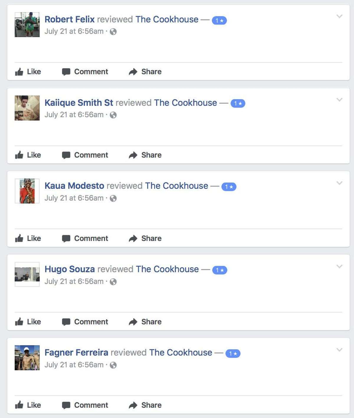 A string of 1-star reviews left on the Facebook page of The Cookhouse at 6:56 a.m. July 21.