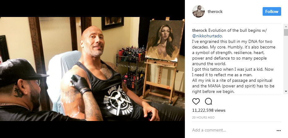 Dwayne 'The Rock' Johnson shows off his new, huge bull tattoo