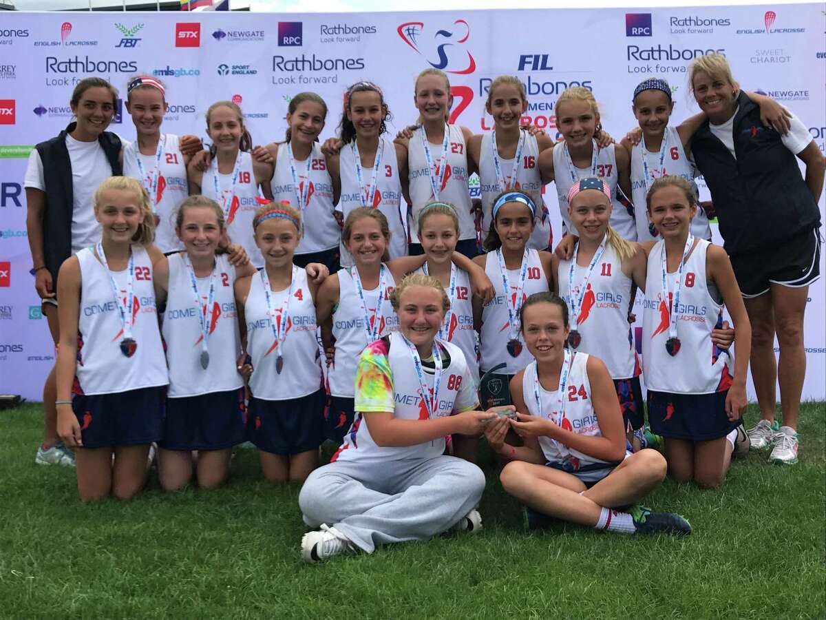 The Comets girls lacrosse team won the 14-under title at the World Youth Lacrosse Festival in Guildford, England recently. The championship team included front row from left to right: Laura O’Connor, Haley Townsend. Middle row, left to right: Kate Haffenreffer, Lacey Hartley, Ellie Perkins, Cameron Butz, Winnie Welch, Karina Sethi, MaryKate Blum and Lily O’Sullivan. Back row, left to right: coach Cayla Liptak, Keira Young, Brecon Welch, Ava Butz, Ellie Burdick, Ellie Johnson, Bridget Brockelman, Rebecca Arpano, Sienna Tejpaul and coach Laurie Downs.