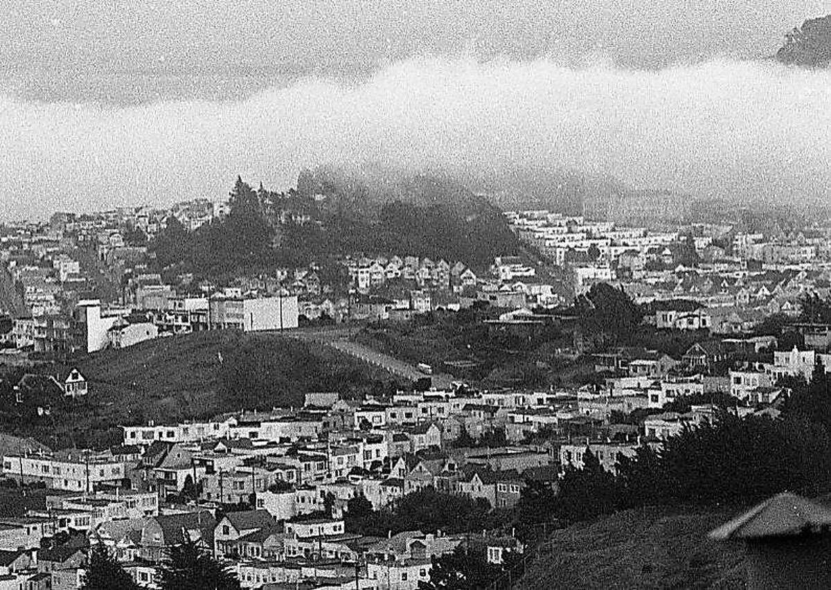 Fog morning in the city around April 27, 1971, looking from Twin Peaks